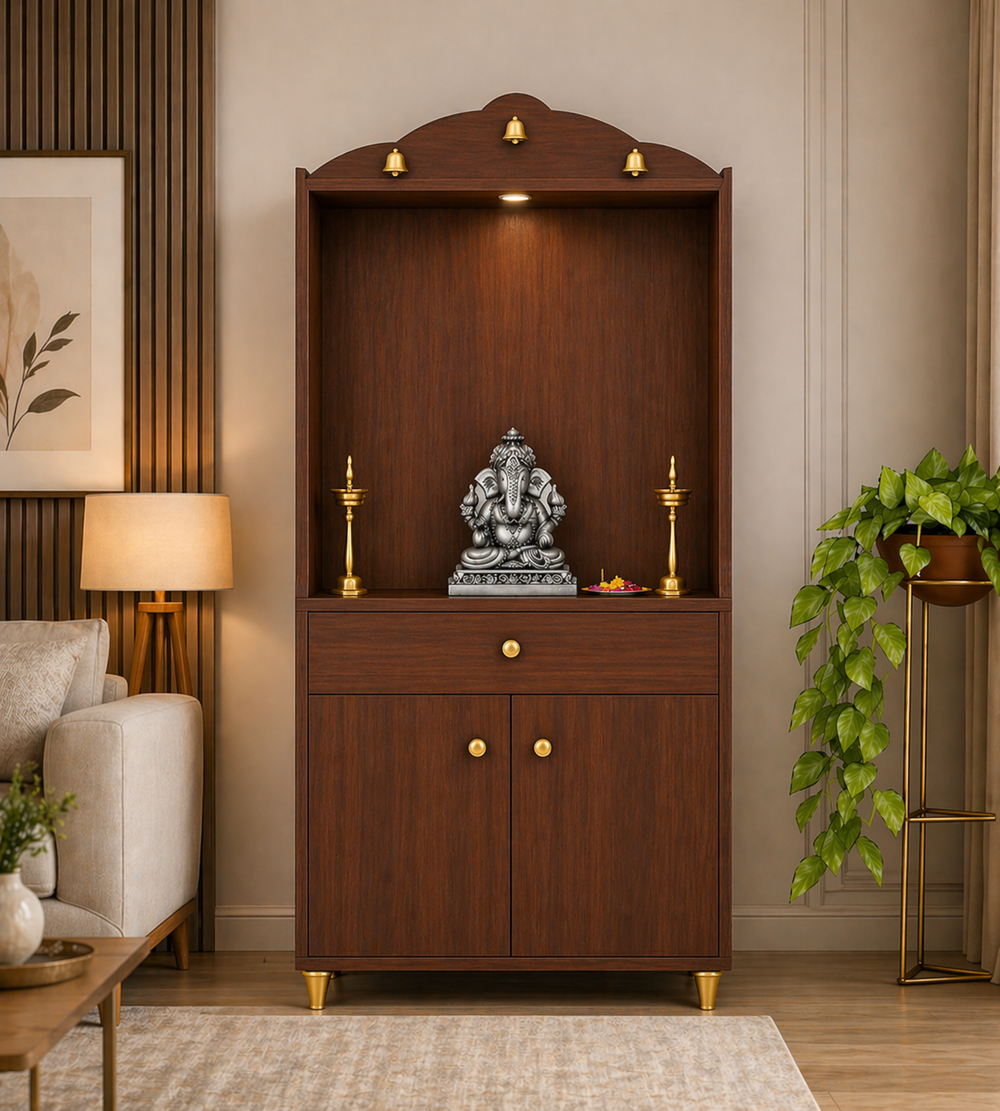 Attractive White Arch Design Dark Brown Finish Wooden Pooja Temple for Home & Office with Side Jali Panels & Drawer Cabinet Storage