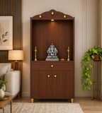 Attractive White Arch Design Dark Brown Finish Wooden Pooja Temple for Home & Office with Side Jali Panels & Drawer Cabinet Storage