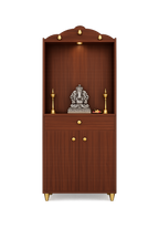 Attractive White Arch Design Dark Brown Finish Wooden Pooja Temple for Home & Office with Side Jali Panels & Drawer Cabinet Storage