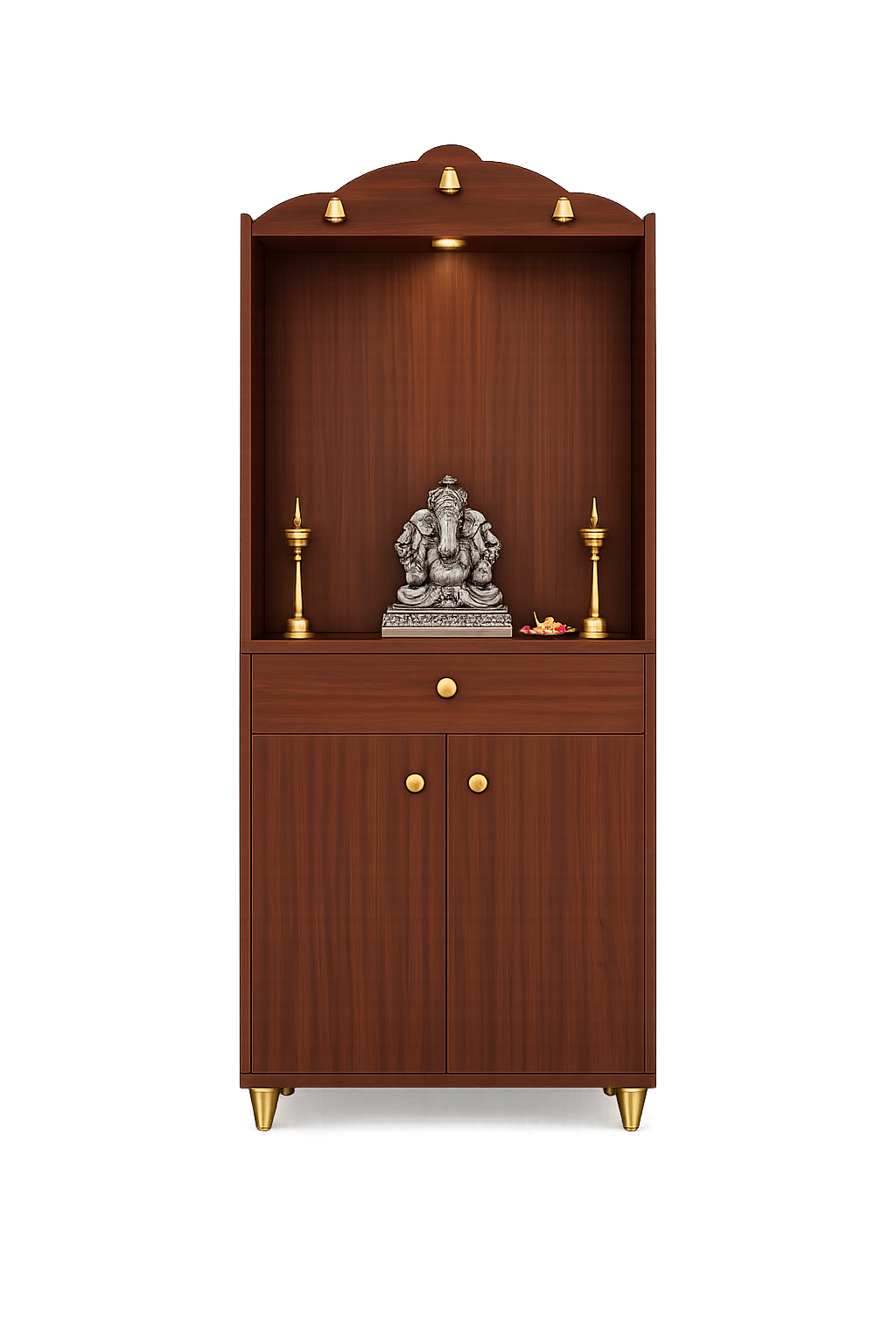 Attractive White Arch Design Dark Brown Finish Wooden Pooja Temple for Home & Office with Side Jali Panels & Drawer Cabinet Storage