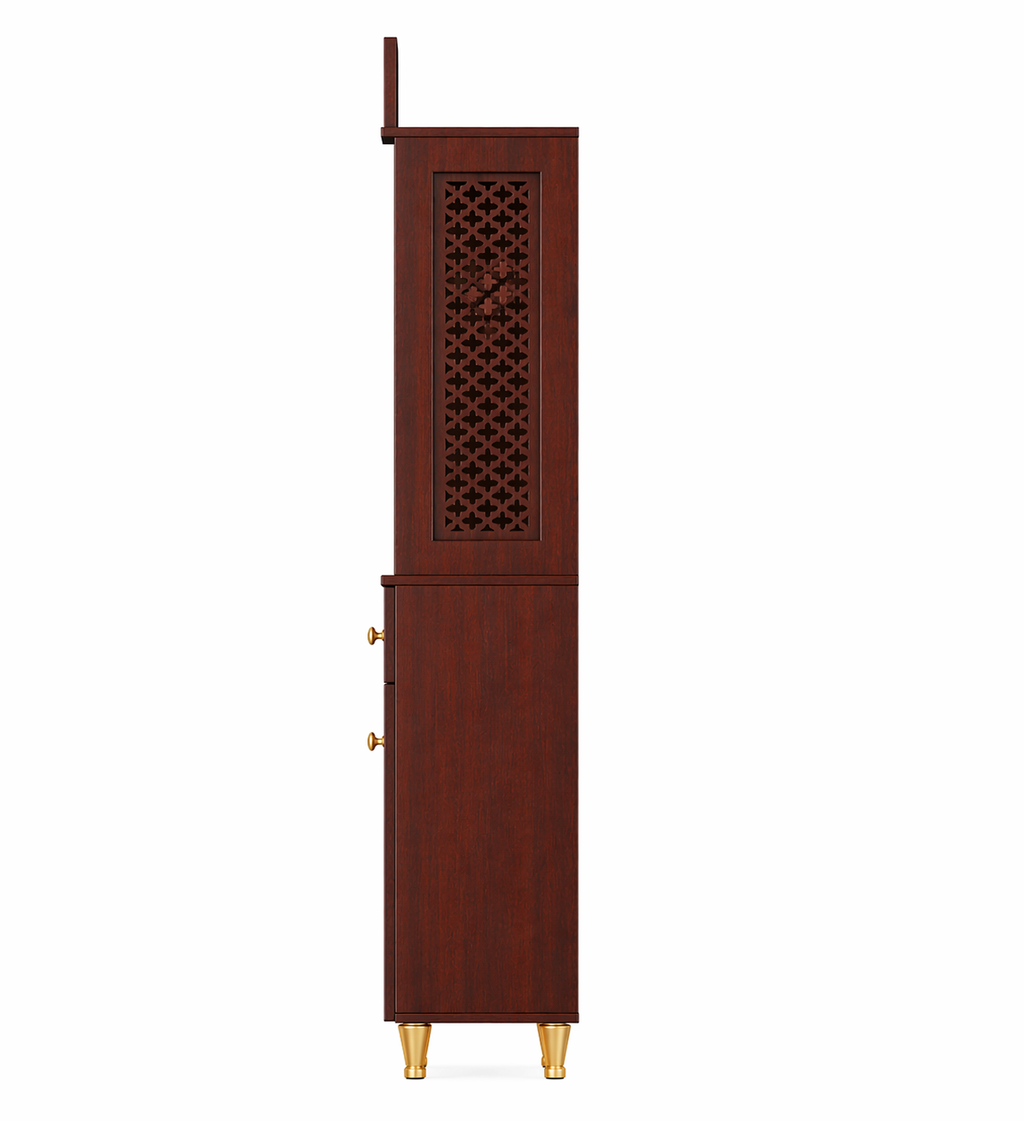 Attractive White Arch Design Dark Brown Finish Wooden Pooja Temple for Home & Office with Side Jali Panels & Drawer Cabinet Storage