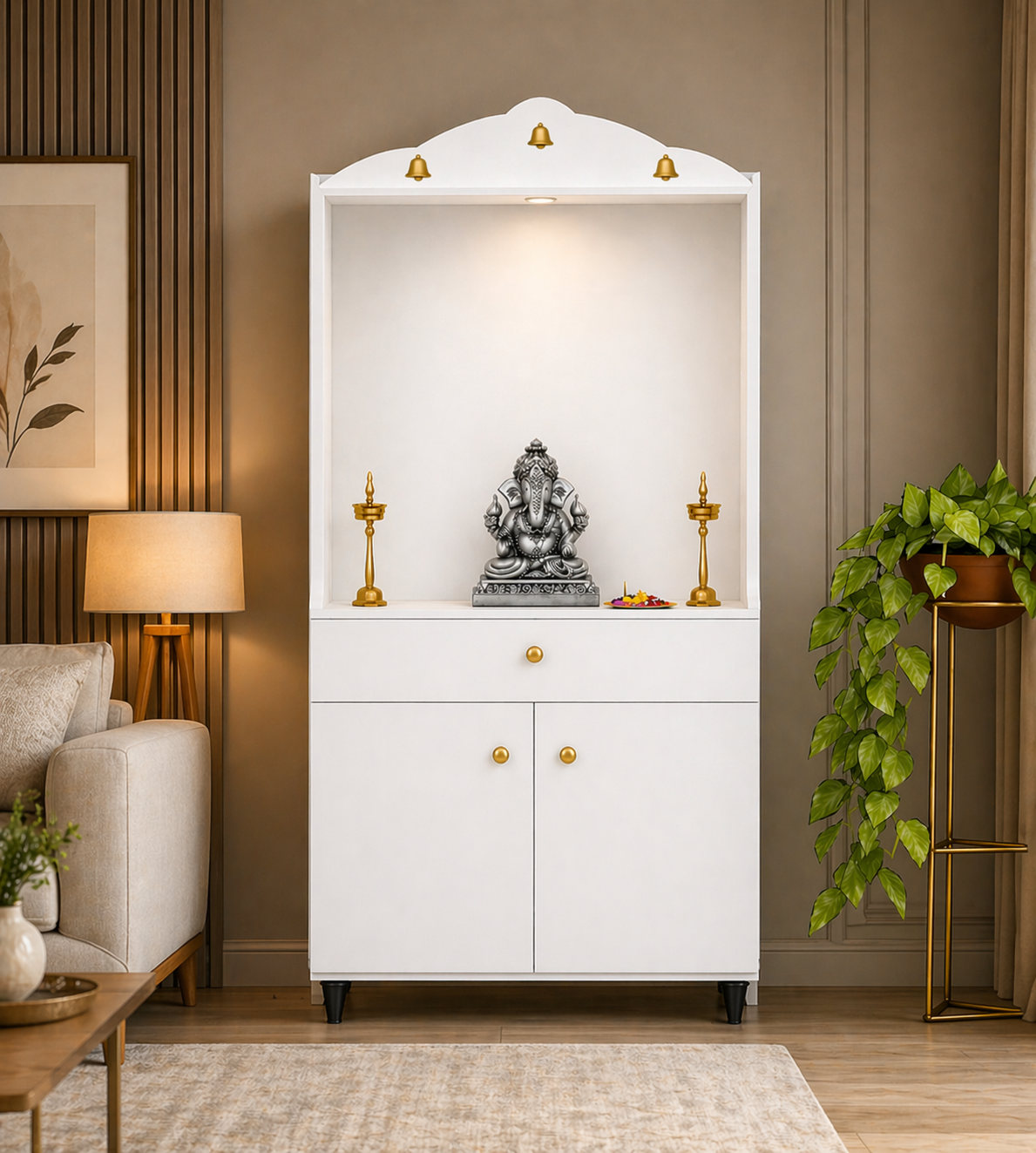 Attractive White Arch Design Dark Brown Finish Wooden Pooja Temple for Home & Office with Side Jali Panels & Drawer Cabinet Storage