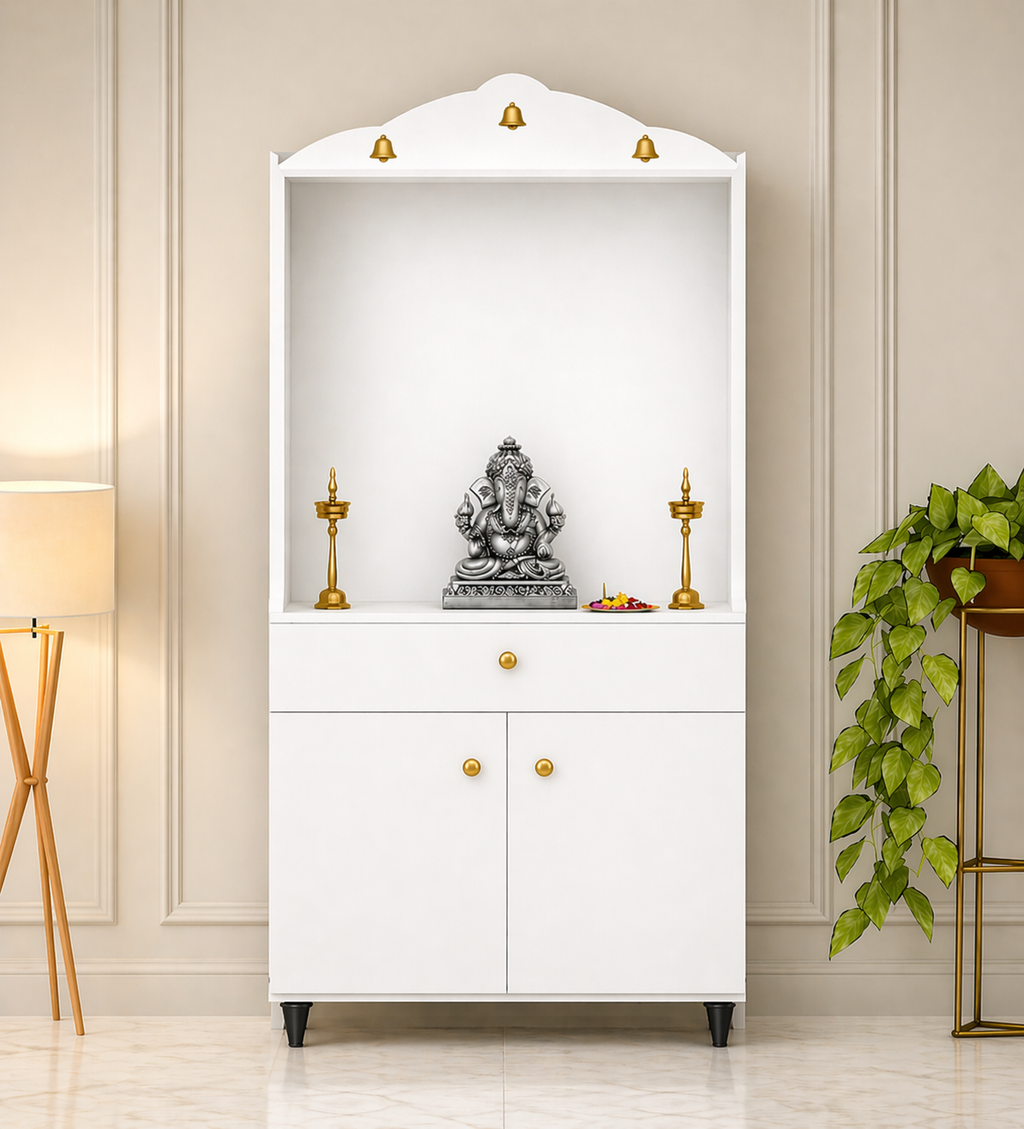 Attractive White Arch Design Dark Brown Finish Wooden Pooja Temple for Home & Office with Side Jali Panels & Drawer Cabinet Storage