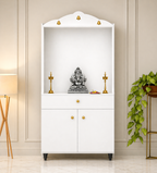Attractive White Arch Design Dark Brown Finish Wooden Pooja Temple for Home & Office with Side Jali Panels & Drawer Cabinet Storage