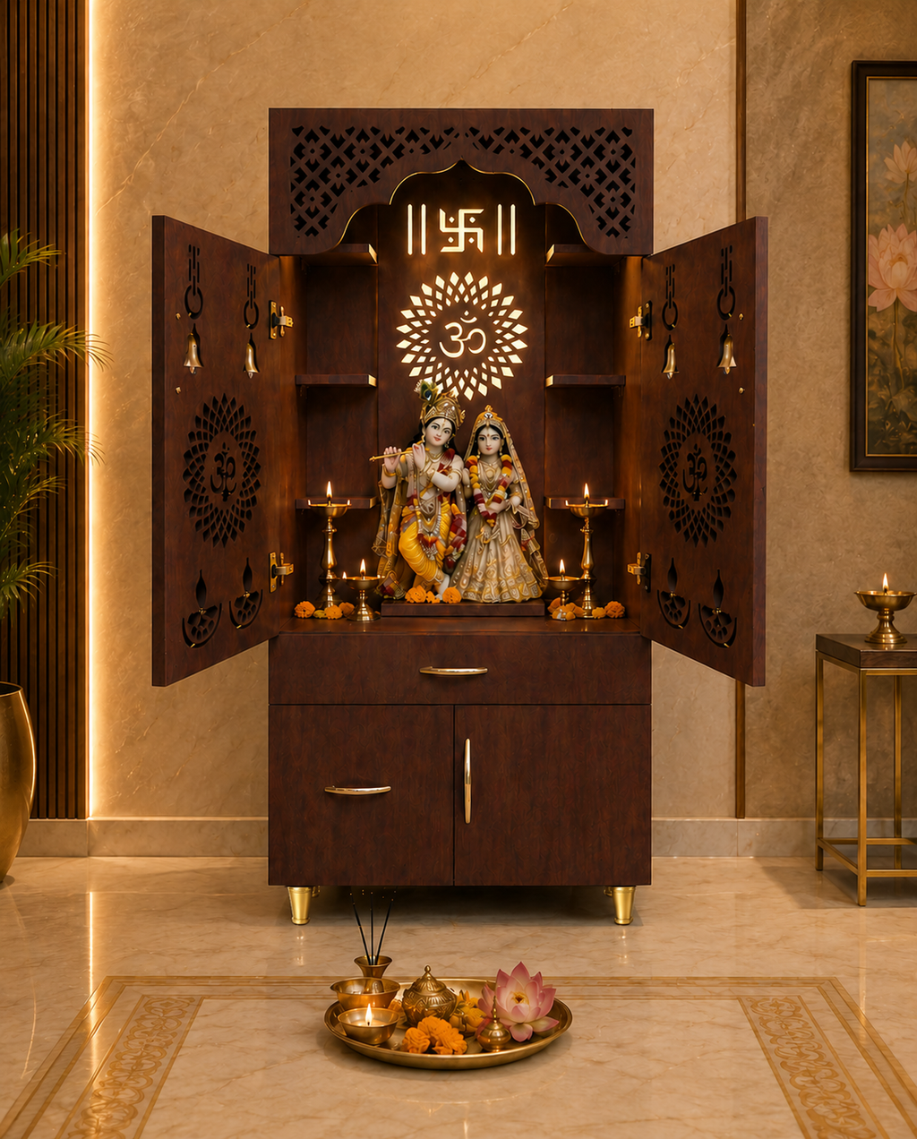 Contemporary White Arch Design Brown Finish Wooden Pooja Temple for Home & Office with LED Swastik OM Panel Drawer & Cabinet Storage