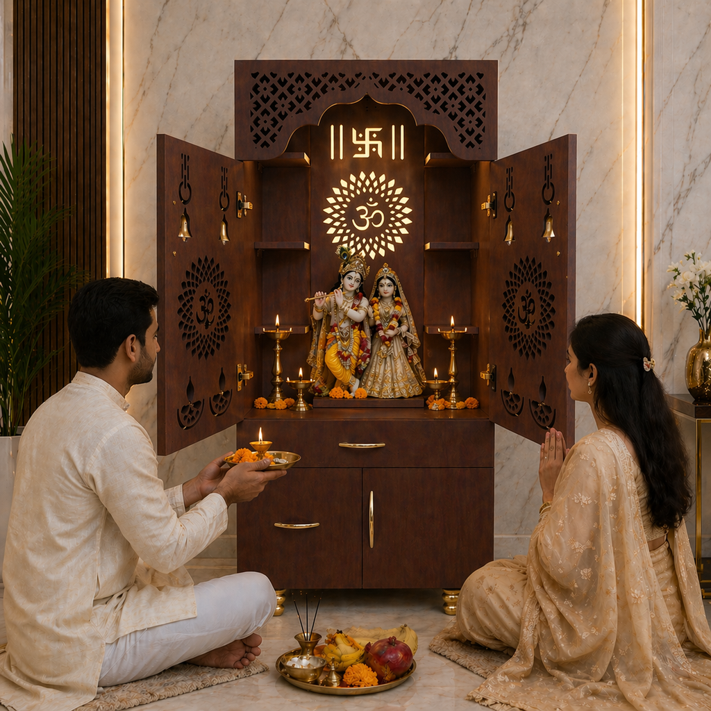 Contemporary White Arch Design Brown Finish Wooden Pooja Temple for Home & Office with LED Swastik OM Panel Drawer & Cabinet Storage
