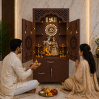 Contemporary White Arch Design Brown Finish Wooden Pooja Temple for Home & Office with LED Swastik OM Panel Drawer & Cabinet Storage