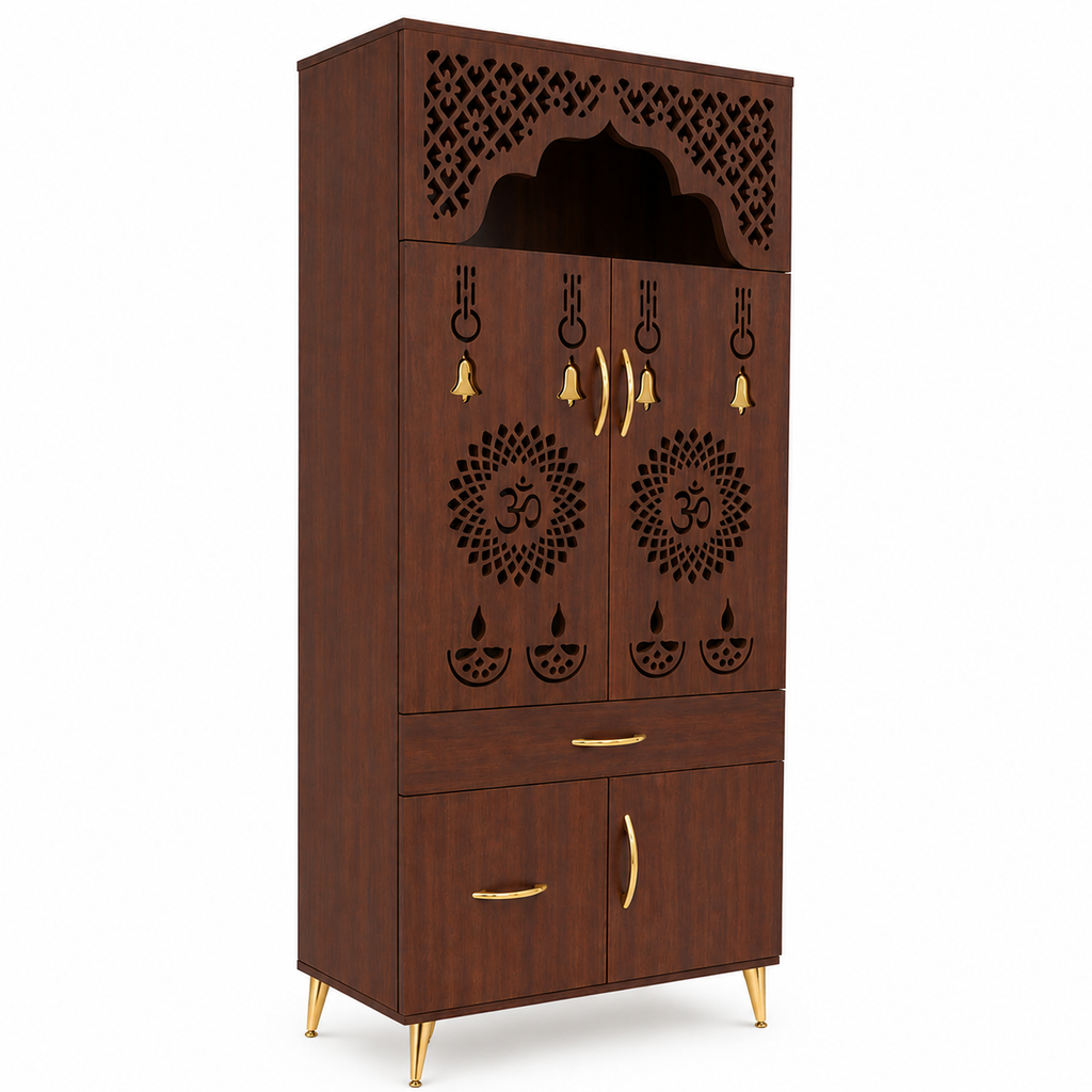 Contemporary White Arch Design Brown Finish Wooden Pooja Temple for Home & Office with LED Swastik OM Panel Drawer & Cabinet Storage
