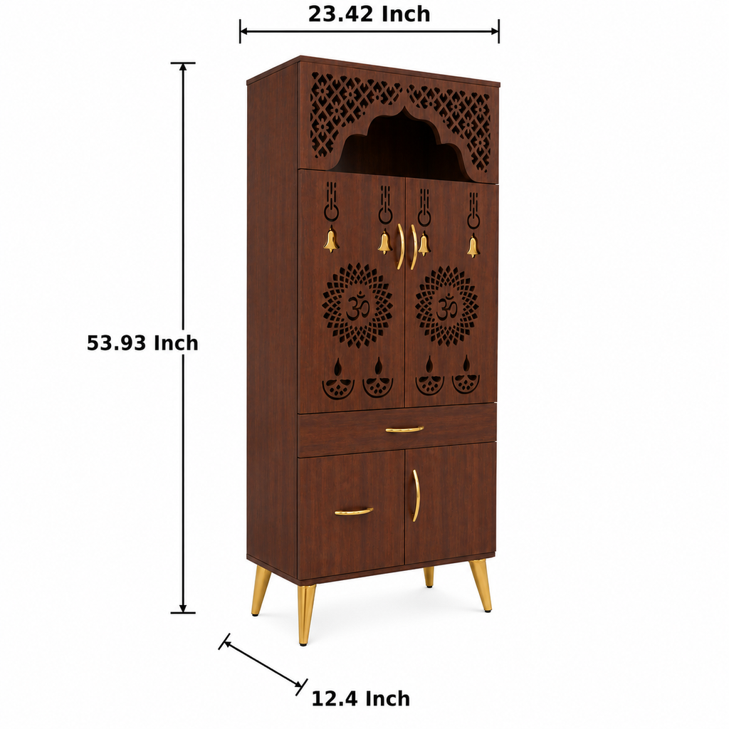 Contemporary White Arch Design Brown Finish Wooden Pooja Temple for Home & Office with LED Swastik OM Panel Drawer & Cabinet Storage