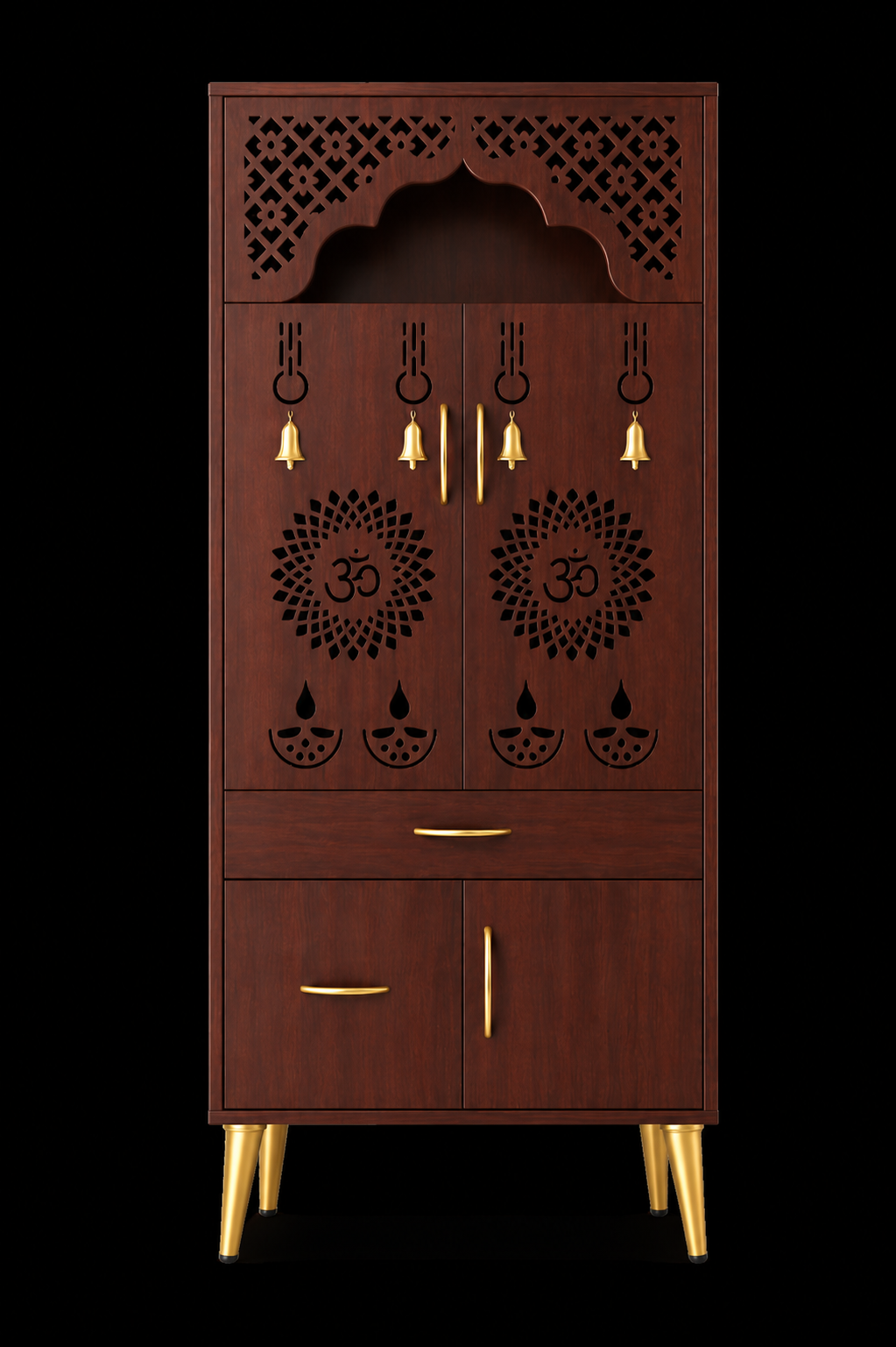 Contemporary White Arch Design Brown Finish Wooden Pooja Temple for Home & Office with LED Swastik OM Panel Drawer & Cabinet Storage