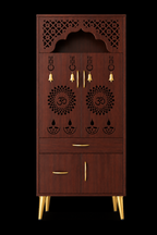 Contemporary White Arch Design Brown Finish Wooden Pooja Temple for Home & Office with LED Swastik OM Panel Drawer & Cabinet Storage