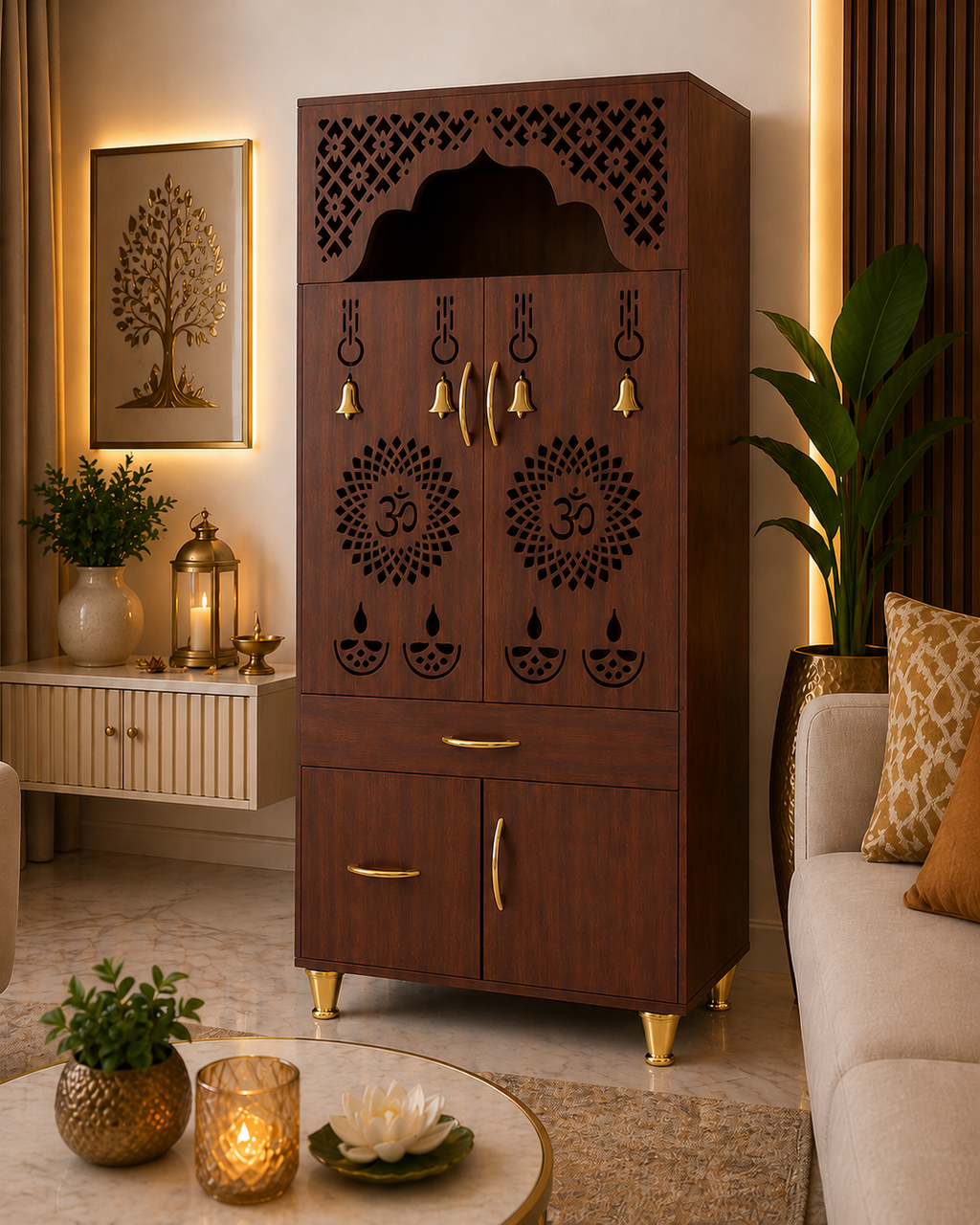 Contemporary White Arch Design Brown Finish Wooden Pooja Temple for Home & Office with LED Swastik OM Panel Drawer & Cabinet Storage