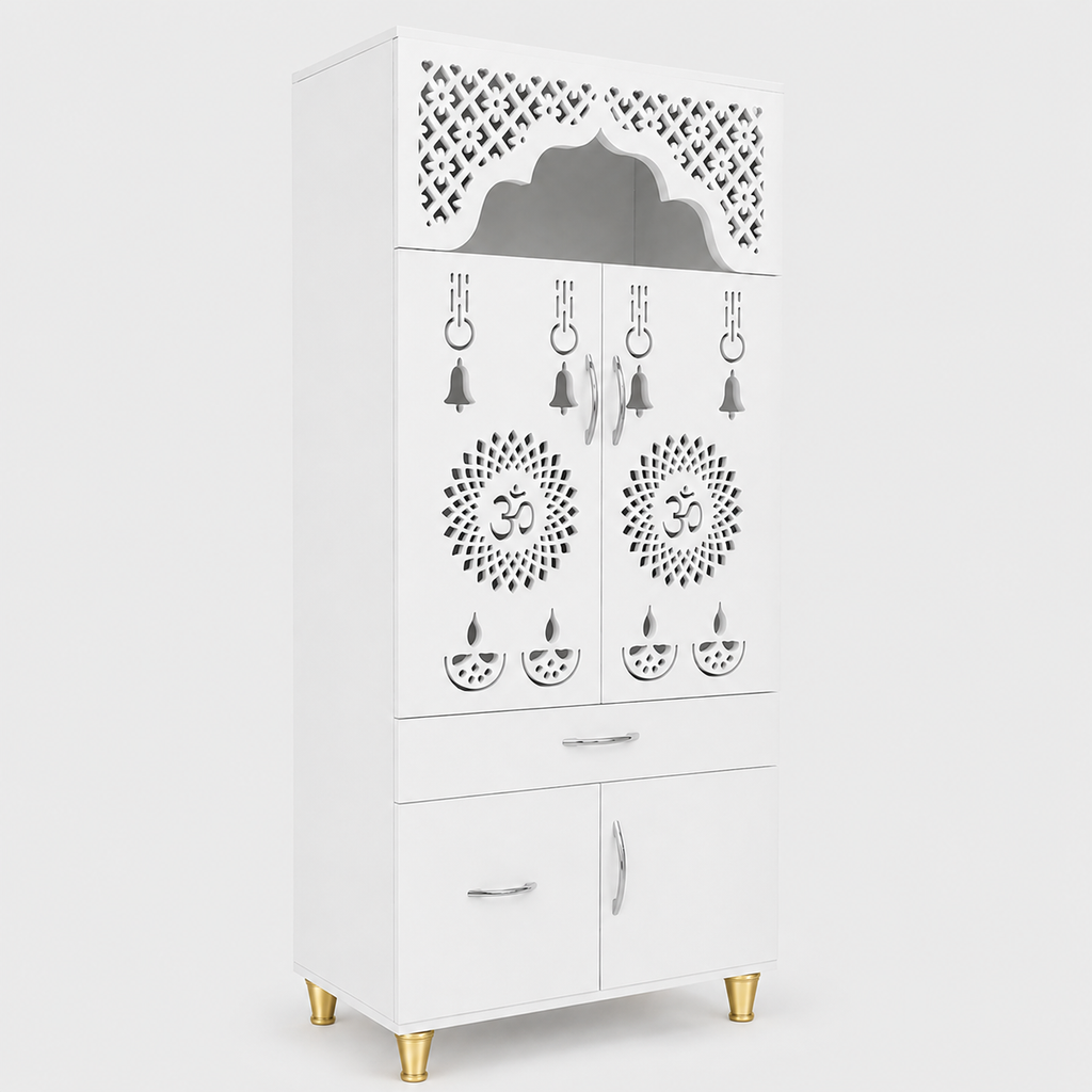 Contemporary White Arch Design Brown Finish Wooden Pooja Temple for Home & Office with LED Swastik OM Panel Drawer & Cabinet Storage
