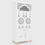Contemporary White Arch Design Brown Finish Wooden Pooja Temple for Home & Office with LED Swastik OM Panel Drawer & Cabinet Storage