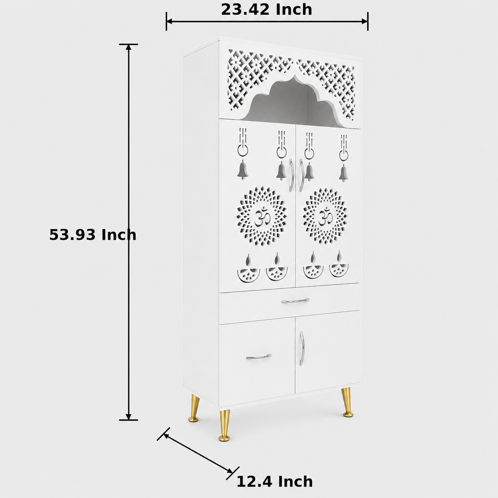 Contemporary White Arch Design Brown Finish Wooden Pooja Temple for Home & Office with LED Swastik OM Panel Drawer & Cabinet Storage