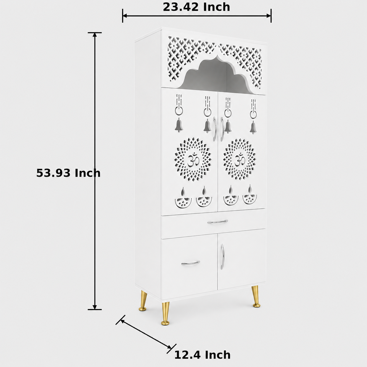 Contemporary White Arch Design Brown Finish Wooden Pooja Temple for Home & Office with LED Swastik OM Panel Drawer & Cabinet Storage