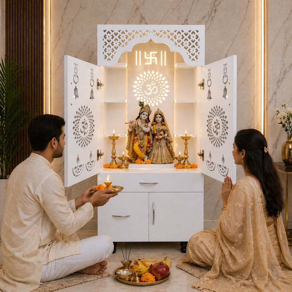 Contemporary White Arch Design Brown Finish Wooden Pooja Temple for Home & Office with LED Swastik OM Panel Drawer & Cabinet Storage