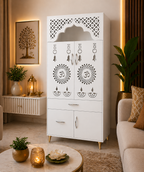 Contemporary White Arch Design Brown Finish Wooden Pooja Temple for Home & Office with LED Swastik OM Panel Drawer & Cabinet Storage