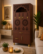 Contemporary White Arch Design Brown Finish Wooden Pooja Temple for Home & Office with LED Swastik OM Panel Drawer & Cabinet Storage