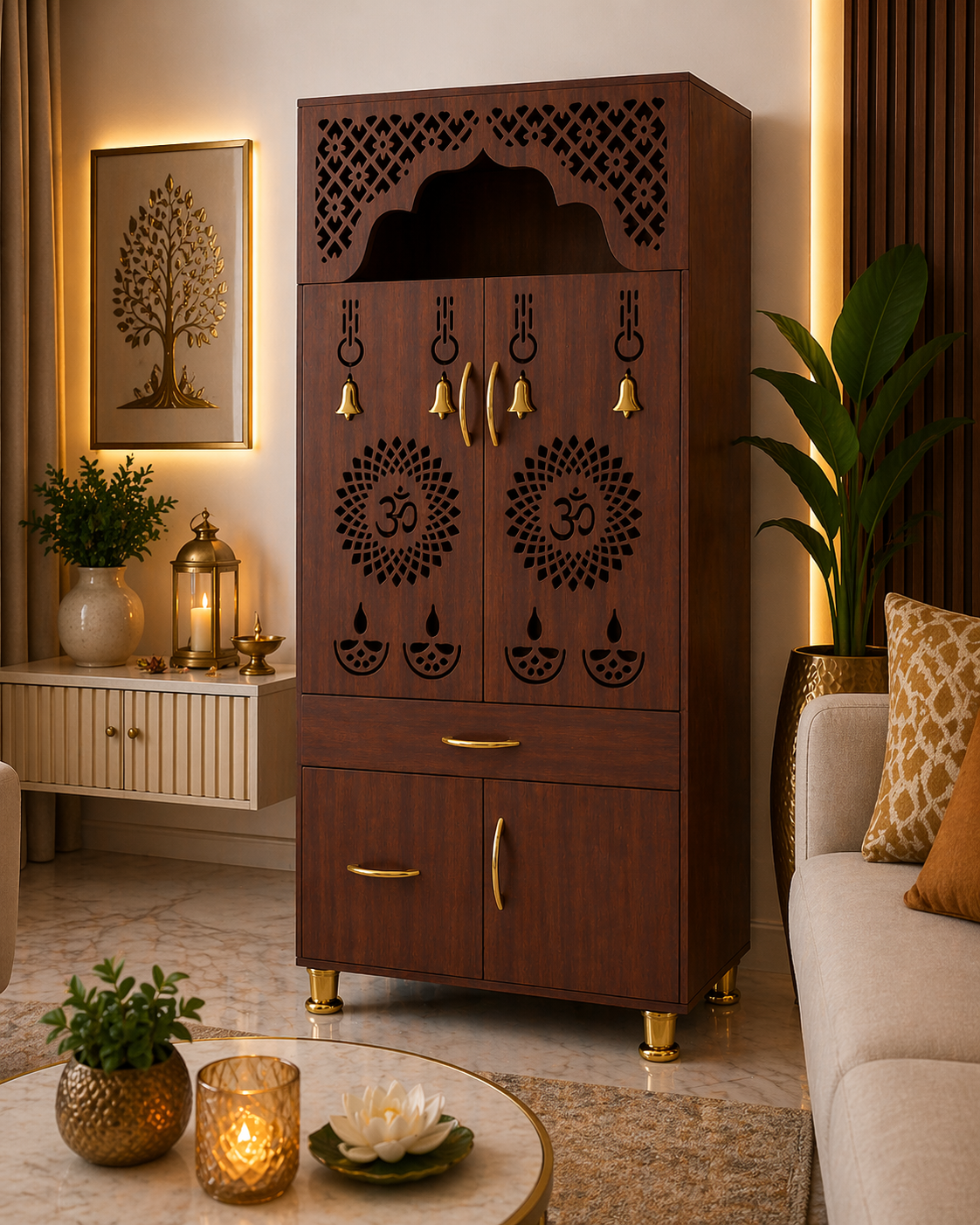 Contemporary White Arch Design Brown Finish Wooden Pooja Temple for Home & Office with LED Swastik OM Panel Drawer & Cabinet Storage
