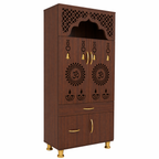 Contemporary White Arch Design Brown Finish Wooden Pooja Temple for Home & Office with LED Swastik OM Panel Drawer & Cabinet Storage