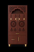 Contemporary White Arch Design Brown Finish Wooden Pooja Temple for Home & Office with LED Swastik OM Panel Drawer & Cabinet Storage