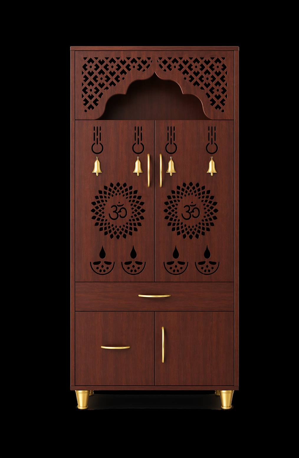 Contemporary White Arch Design Brown Finish Wooden Pooja Temple for Home & Office with LED Swastik OM Panel Drawer & Cabinet Storage
