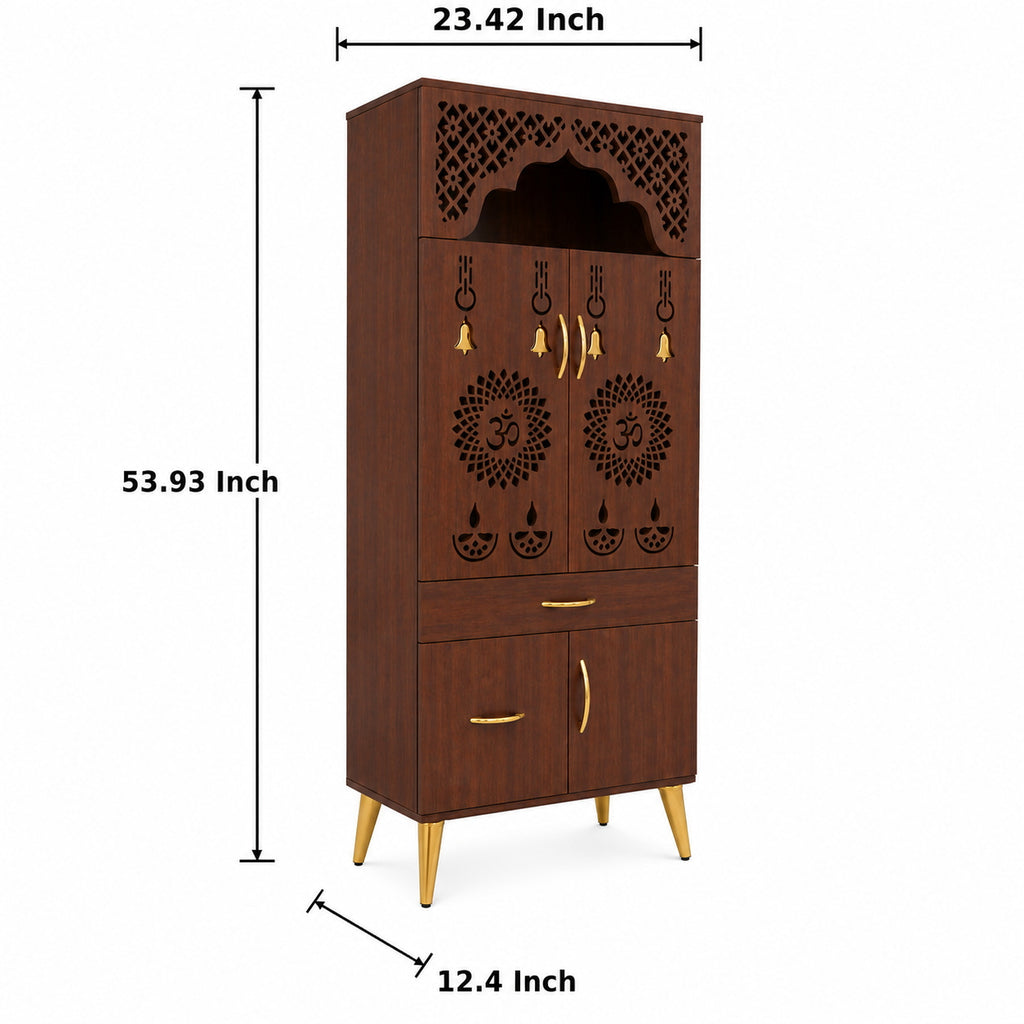 Contemporary White Arch Design Brown Finish Wooden Pooja Temple for Home & Office with LED Swastik OM Panel Drawer & Cabinet Storage