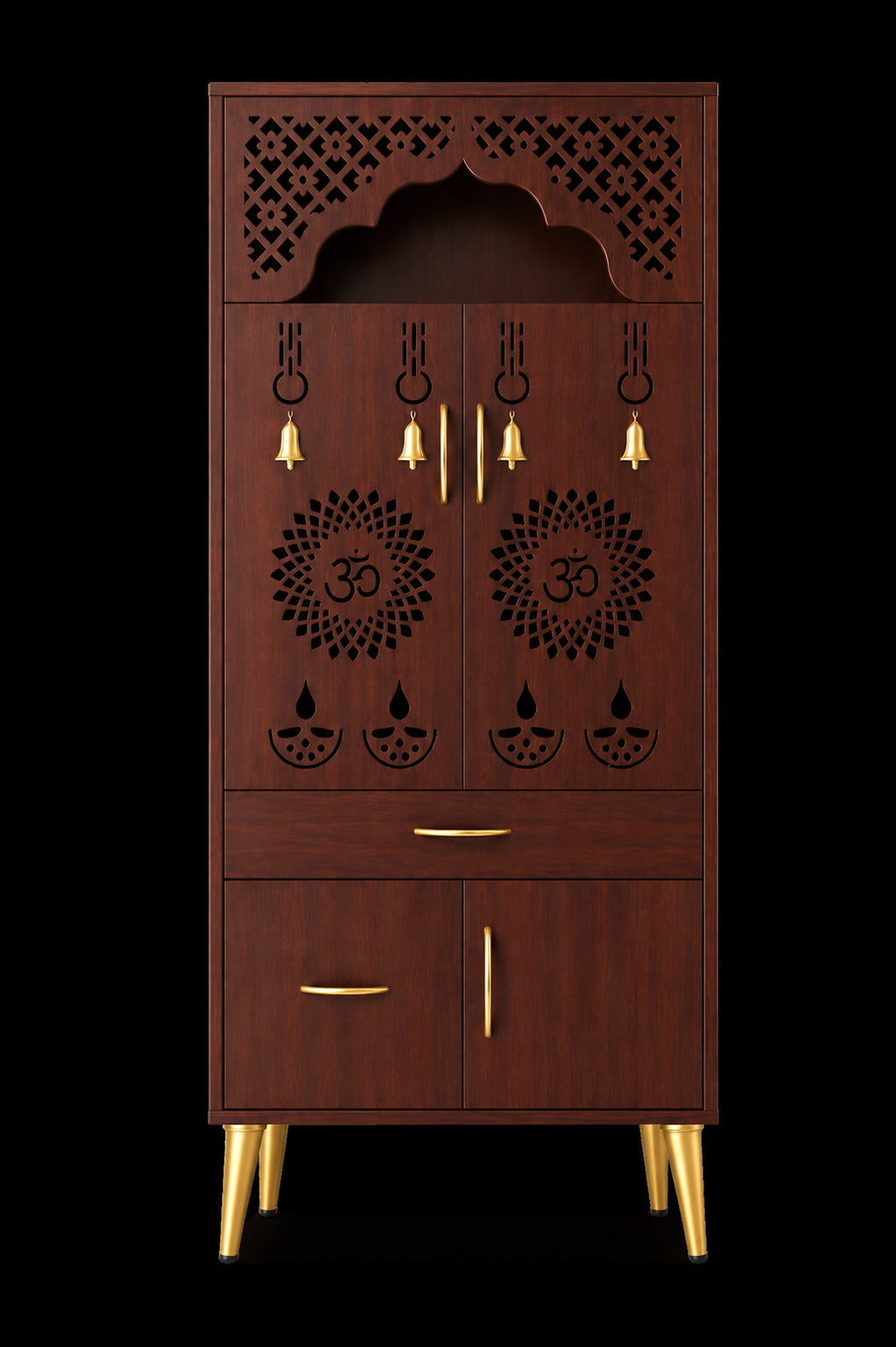 Contemporary White Arch Design Brown Finish Wooden Pooja Temple for Home & Office with LED Swastik OM Panel Drawer & Cabinet Storage