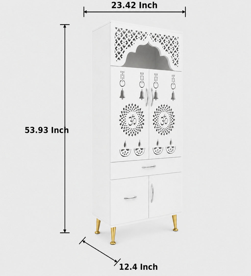 Contemporary White Arch Design Brown Finish Wooden Pooja Temple for Home & Office with LED Swastik OM Panel Drawer & Cabinet Storage