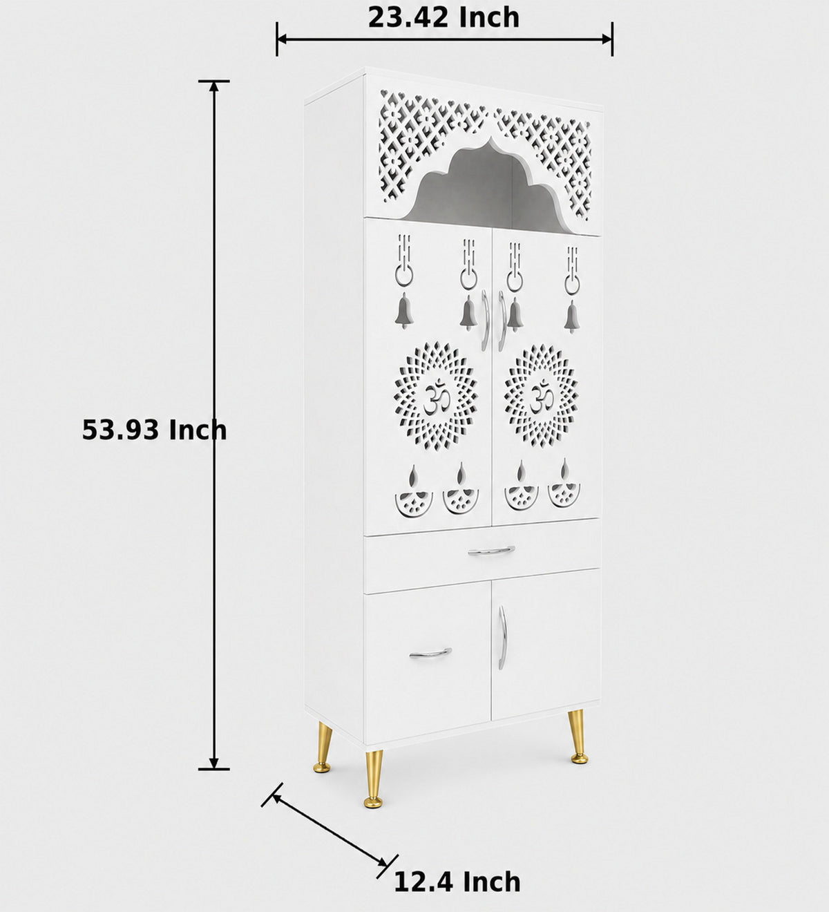 Contemporary White Arch Design Brown Finish Wooden Pooja Temple for Home & Office with LED Swastik OM Panel Drawer & Cabinet Storage