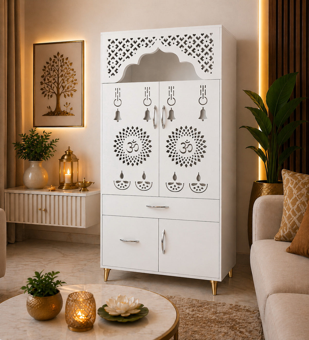 Contemporary White Arch Design Brown Finish Wooden Pooja Temple for Home & Office with LED Swastik OM Panel Drawer & Cabinet Storage