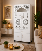 Contemporary White Arch Design Brown Finish Wooden Pooja Temple for Home & Office with LED Swastik OM Panel Drawer & Cabinet Storage