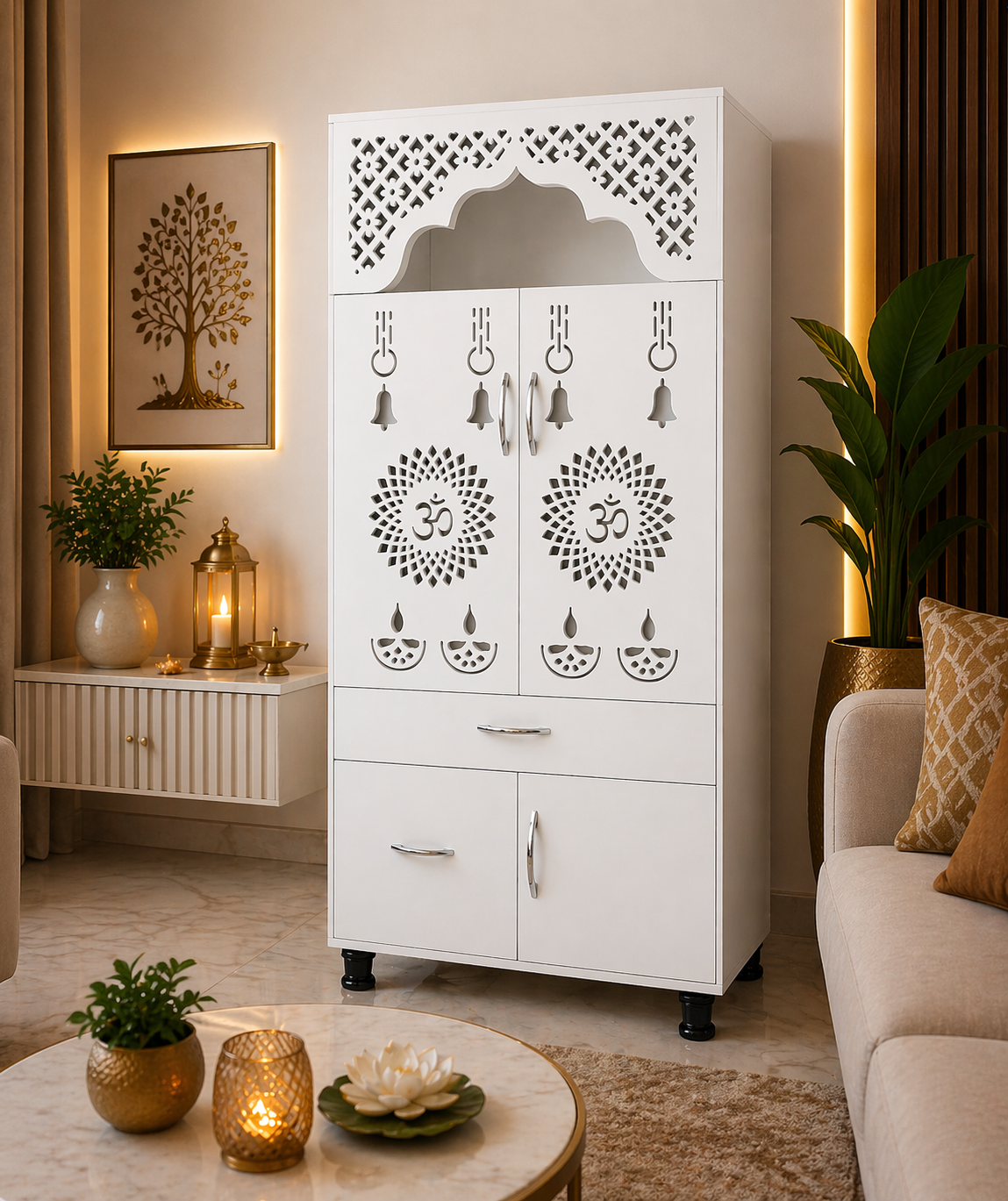 Contemporary White Arch Design Brown Finish Wooden Pooja Temple for Home & Office with LED Swastik OM Panel Drawer & Cabinet Storage
