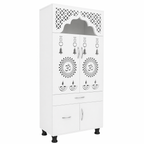 Contemporary White Arch Design Brown Finish Wooden Pooja Temple for Home & Office with LED Swastik OM Panel Drawer & Cabinet Storage