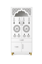 Contemporary White Arch Design Brown Finish Wooden Pooja Temple for Home & Office with LED Swastik OM Panel Drawer & Cabinet Storage
