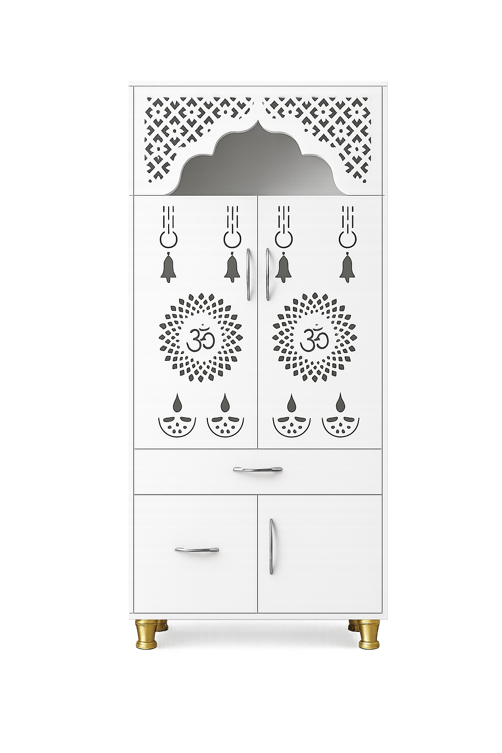 Contemporary White Arch Design Brown Finish Wooden Pooja Temple for Home & Office with LED Swastik OM Panel Drawer & Cabinet Storage