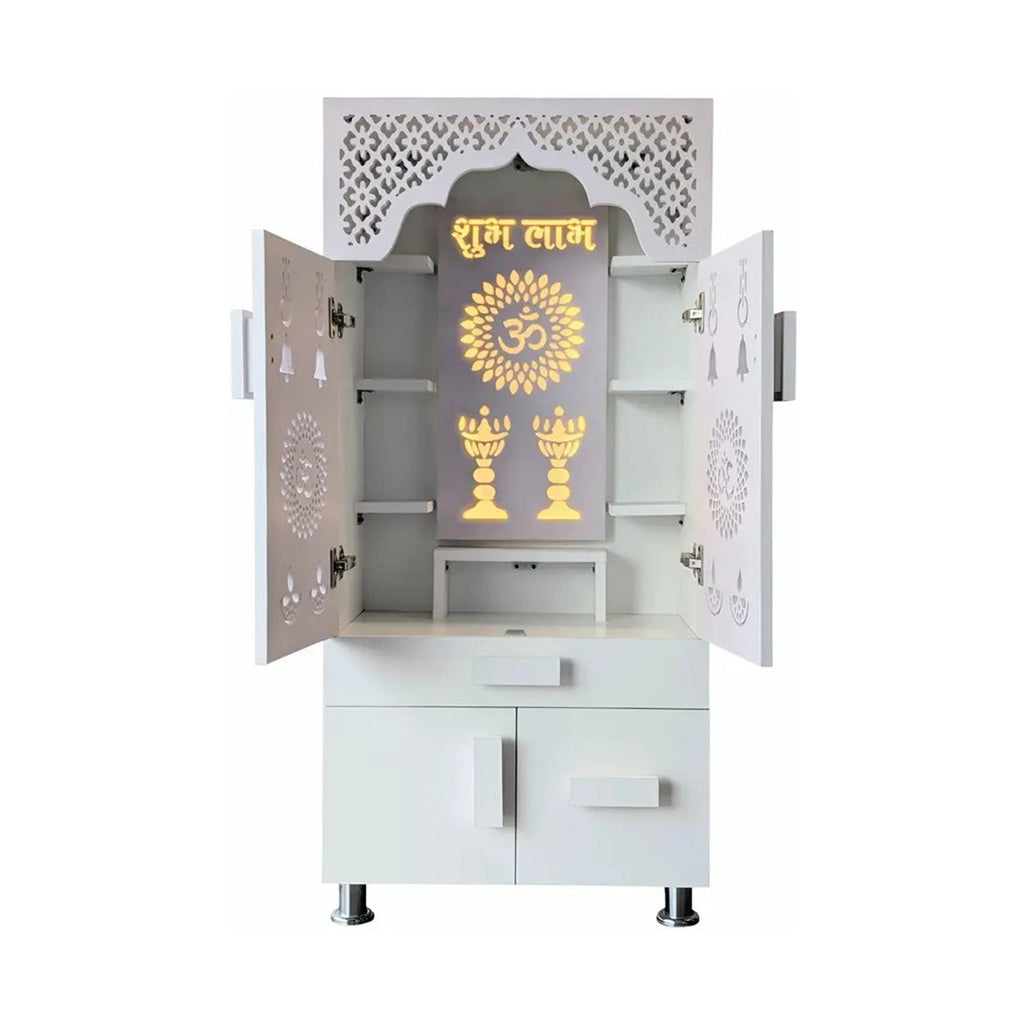 Designer White Wooden Floor Temple with Shubh Labh LED Back Panel & Spacious Storage Cabinet for Home & Office