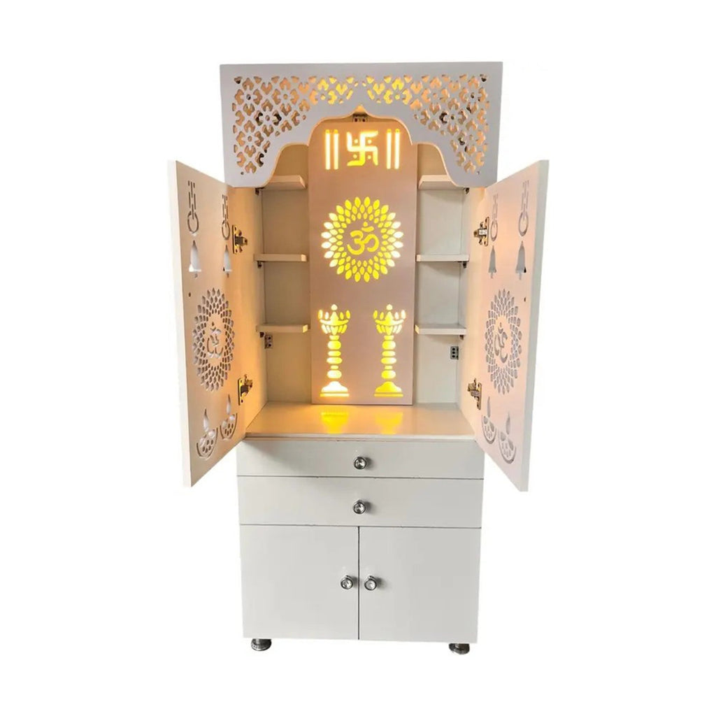 Beautiful White Wooden Floor Temple for Home & Office with LED Swastik OM Panel Drawer & Cabinet Storage