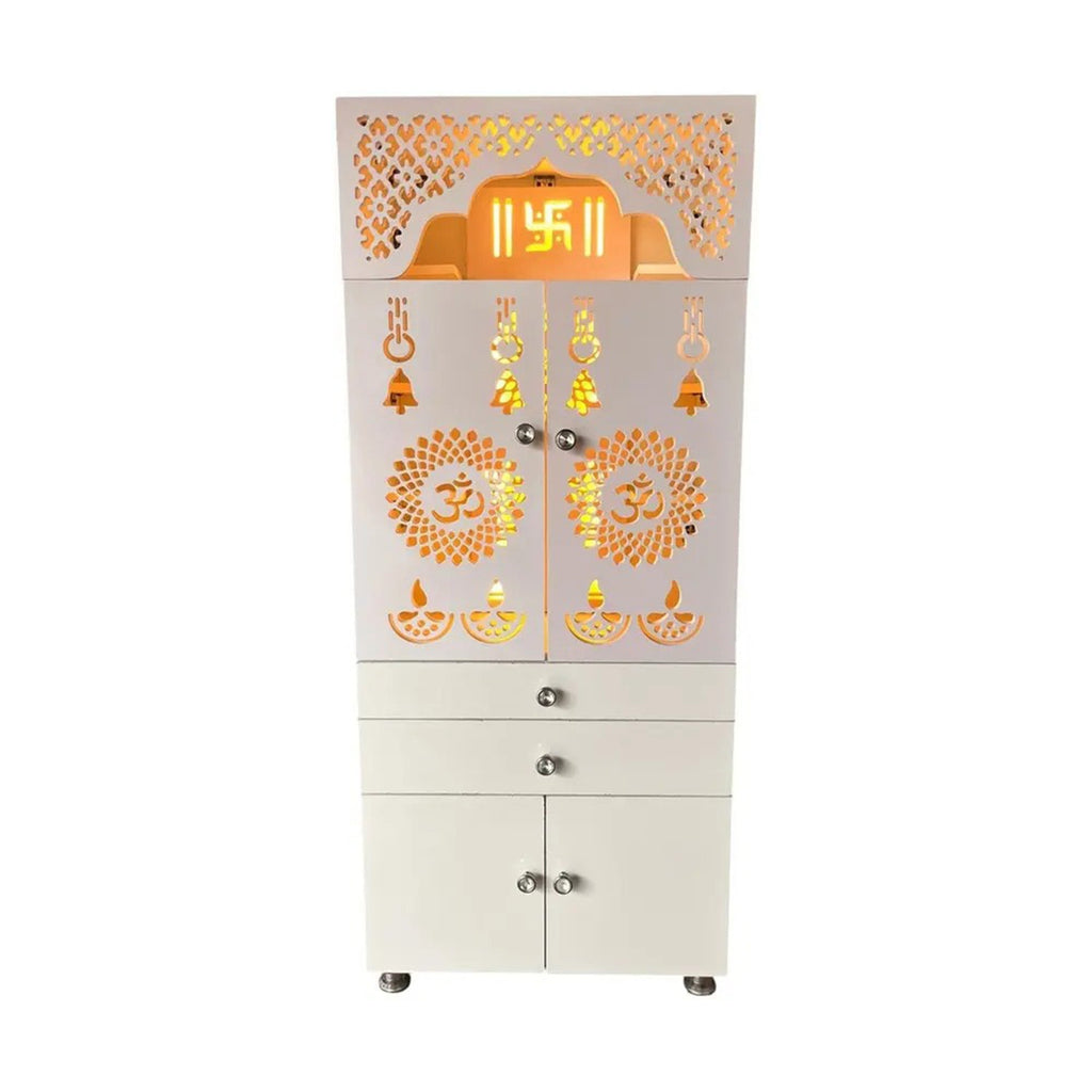Beautiful White Wooden Floor Temple for Home & Office with LED Swastik OM Panel Drawer & Cabinet Storage