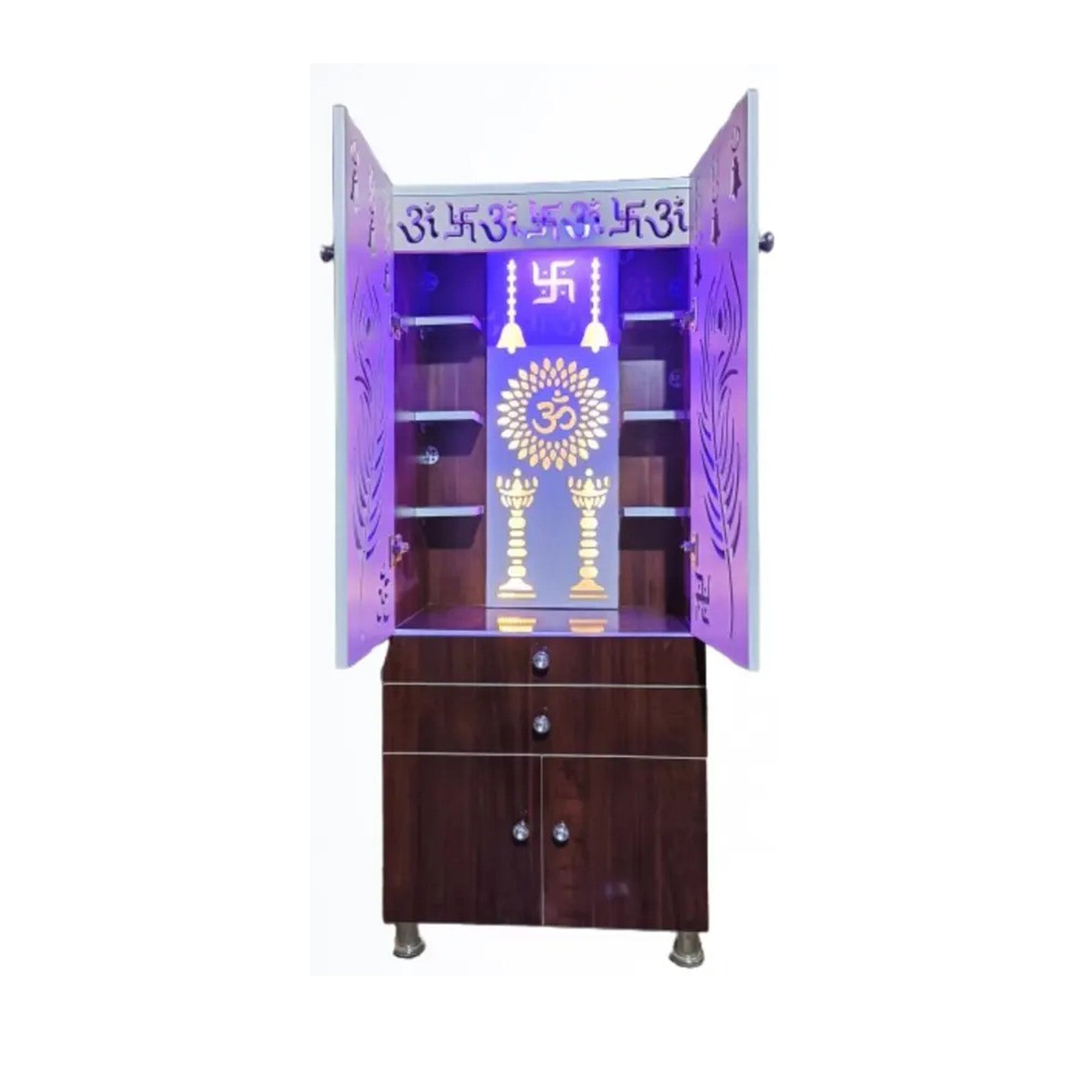 Contemporary Brown Wooden Temple for Home & Office with LED Swastik OM Panel Drawer & Cabinet Storage