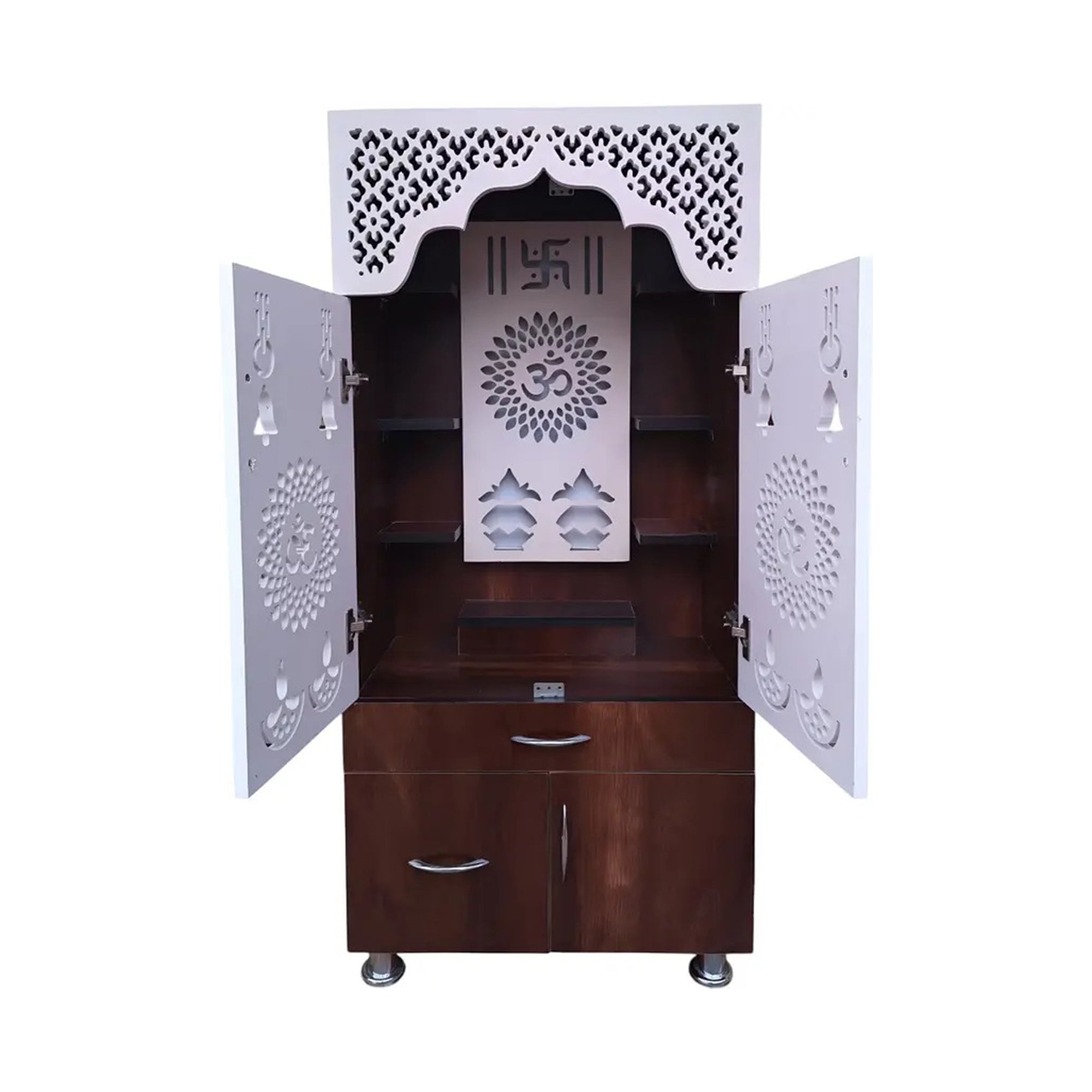 Designer Brown & White Wooden Temple with Swastik OM LED Back Panel & Spacious Storage Cabinet for Home & Office