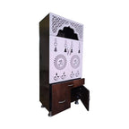Designer Brown & White Wooden Temple with Swastik OM LED Back Panel & Spacious Storage Cabinet for Home & Office