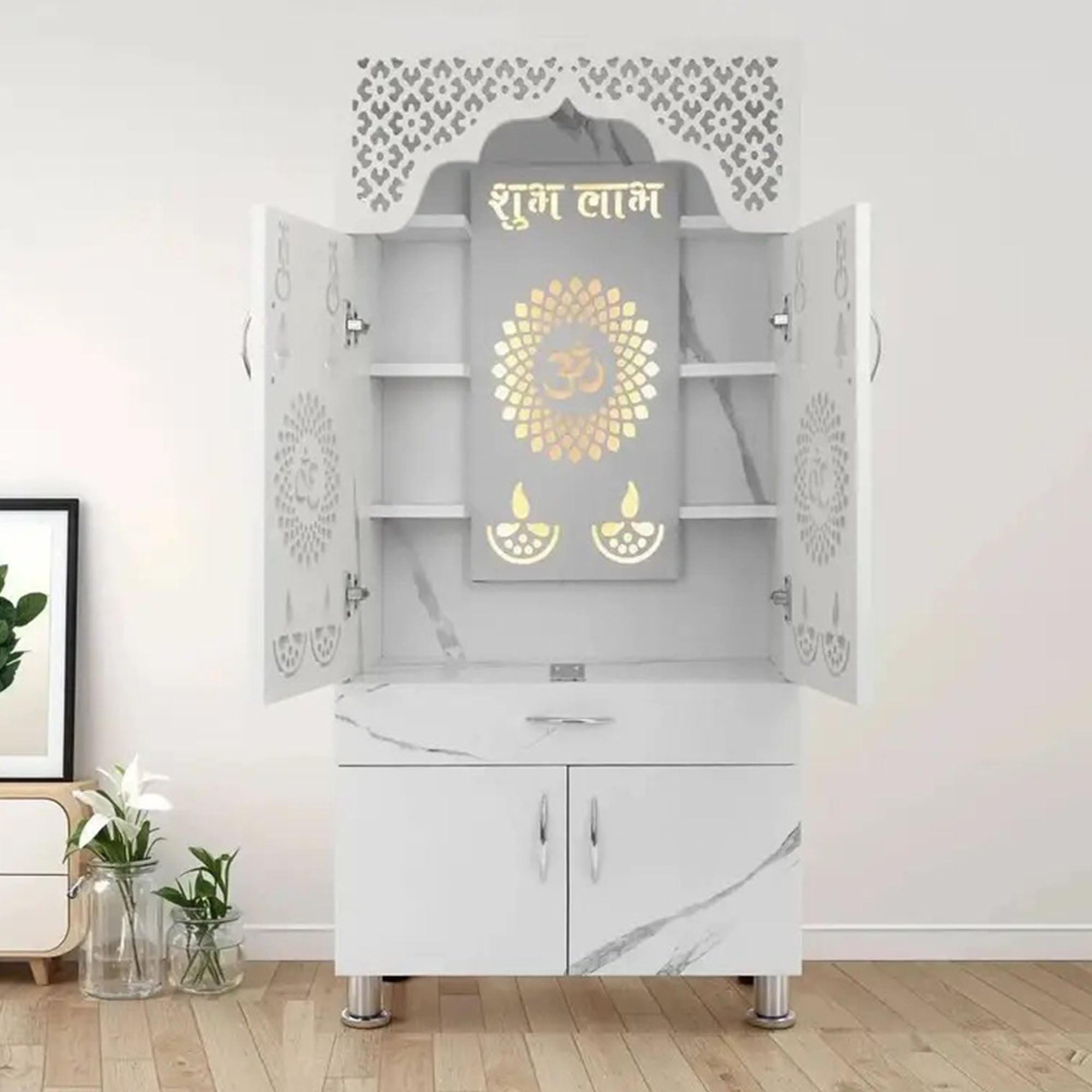 Elegant White Marble Finish Wooden Temple with LED OM Back Panel & Spacious Storage for Home & Office
