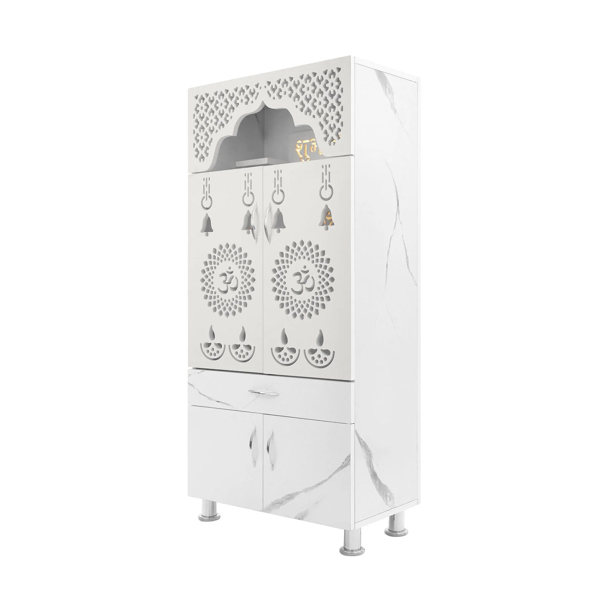 Elegant White Marble Finish Wooden Temple with LED OM Back Panel & Spacious Storage for Home & Office