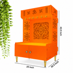 Designer Intricate Jali Design Pattern Floor Temple with Spacious Wooden Shelf & Inbuilt Focus Light- Bhagwa Finish