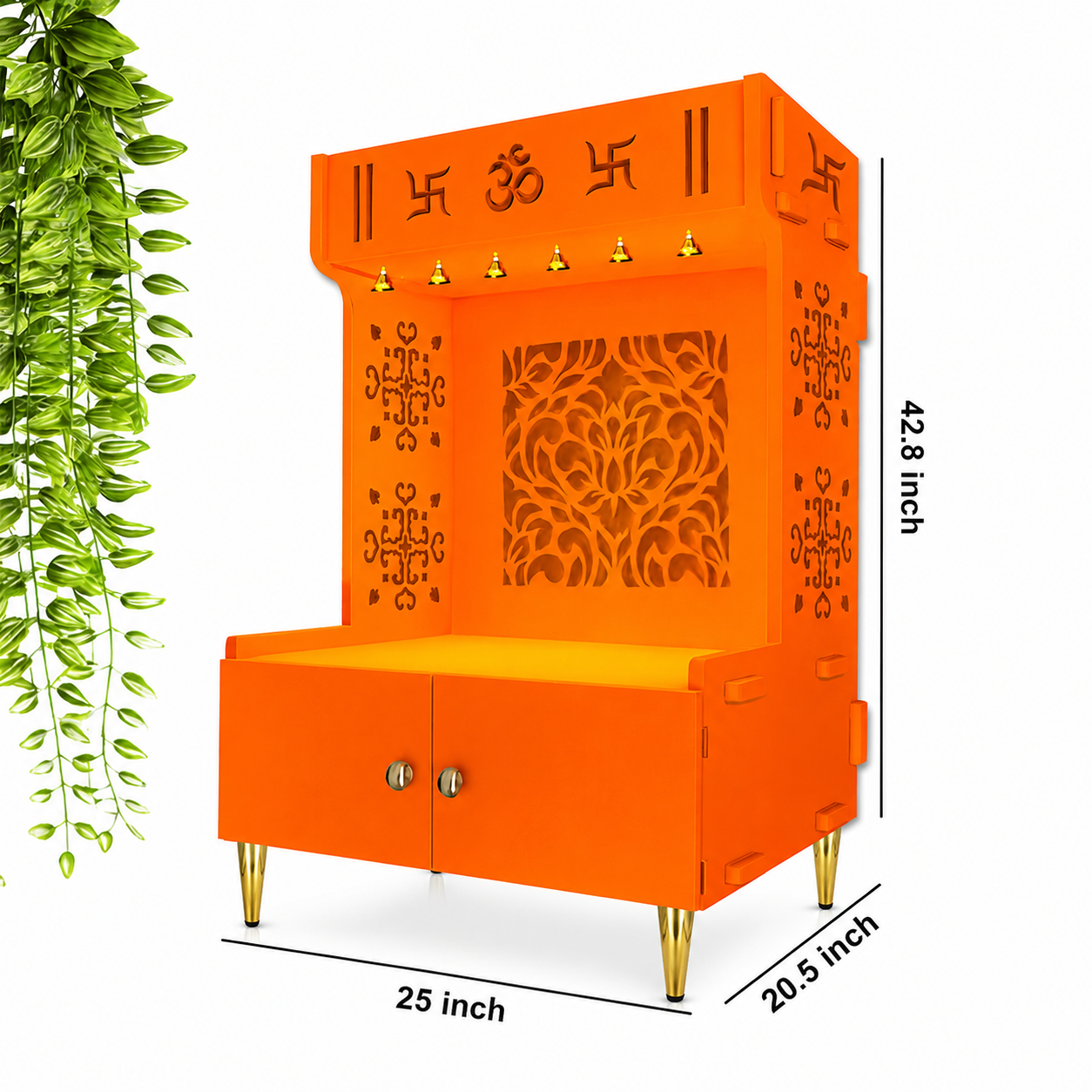 Designer Intricate Jali Design Pattern Floor Temple with Spacious Wooden Shelf & Inbuilt Focus Light- Bhagwa Finish