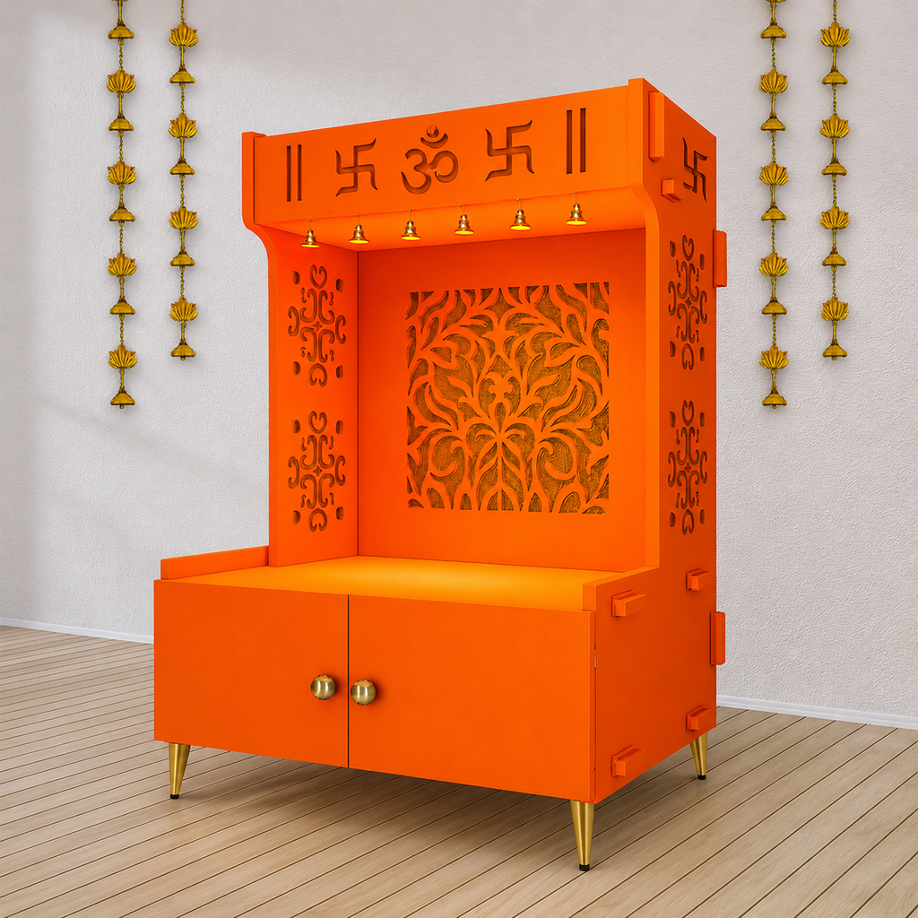 Designer Intricate Jali Design Pattern Floor Temple with Spacious Wooden Shelf & Inbuilt Focus Light- Bhagwa Finish