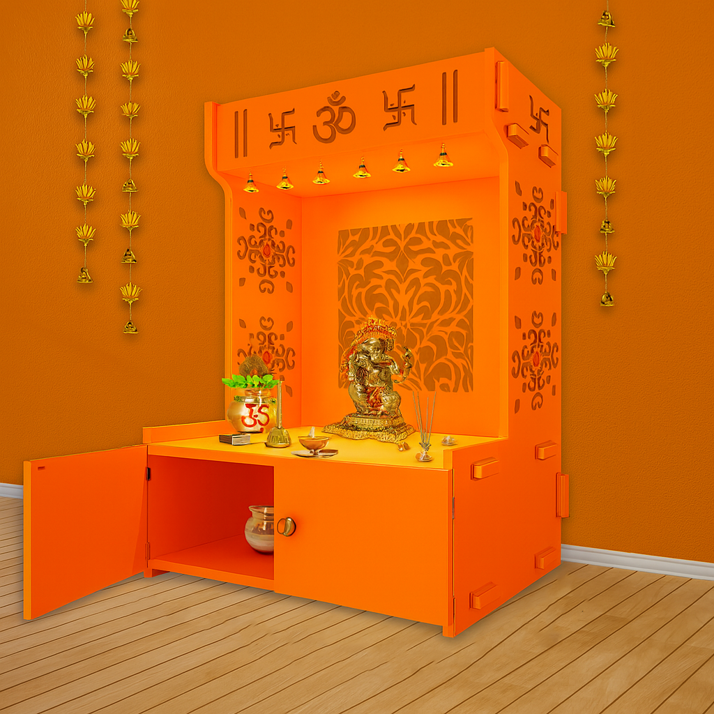 Designer Intricate Jali Design Pattern Floor Temple with Spacious Wooden Shelf & Inbuilt Focus Light- Bhagwa Finish