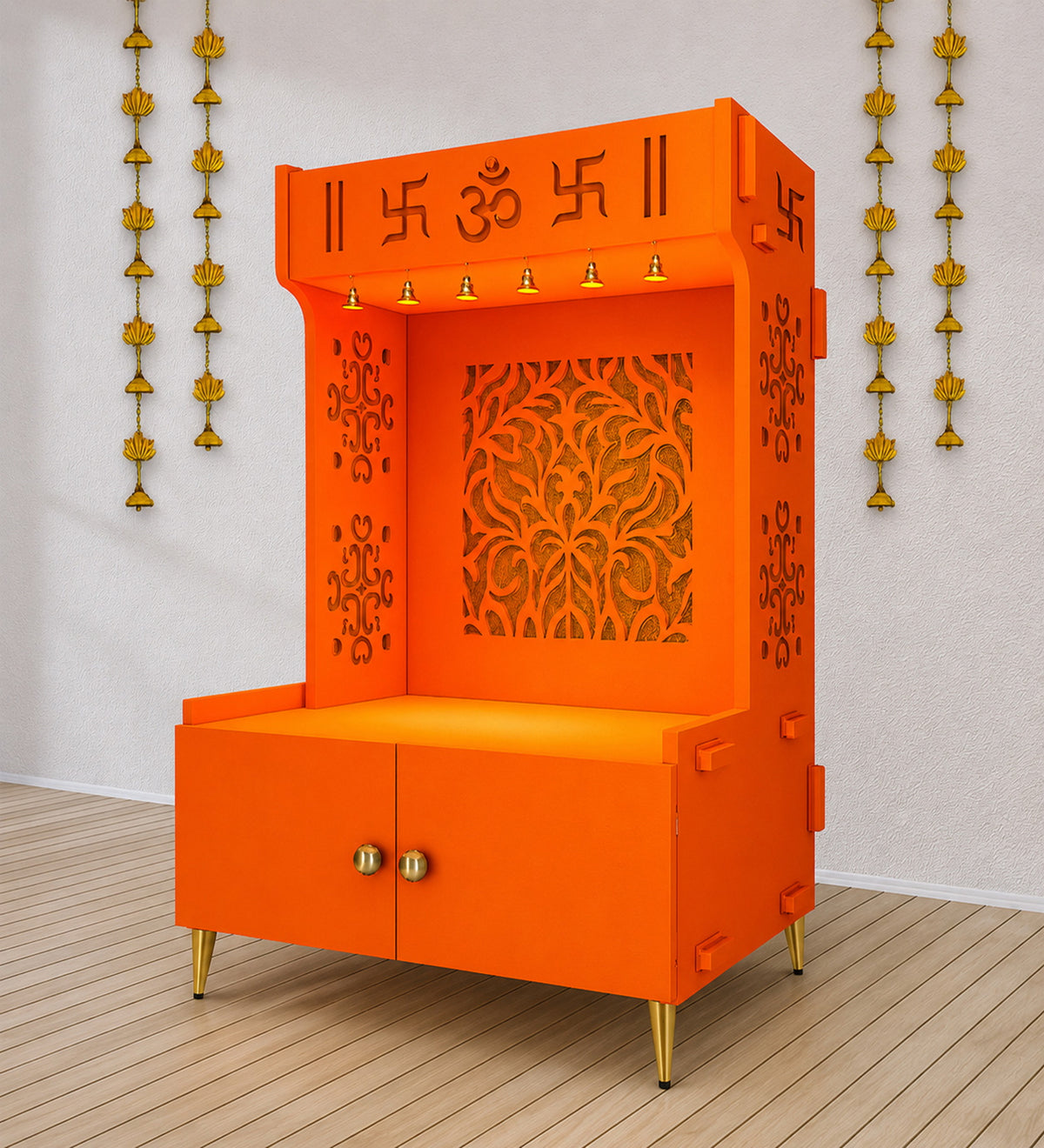 Designer Intricate Jali Design Pattern Floor Temple with Spacious Wooden Shelf & Inbuilt Focus Light- Bhagwa Finish
